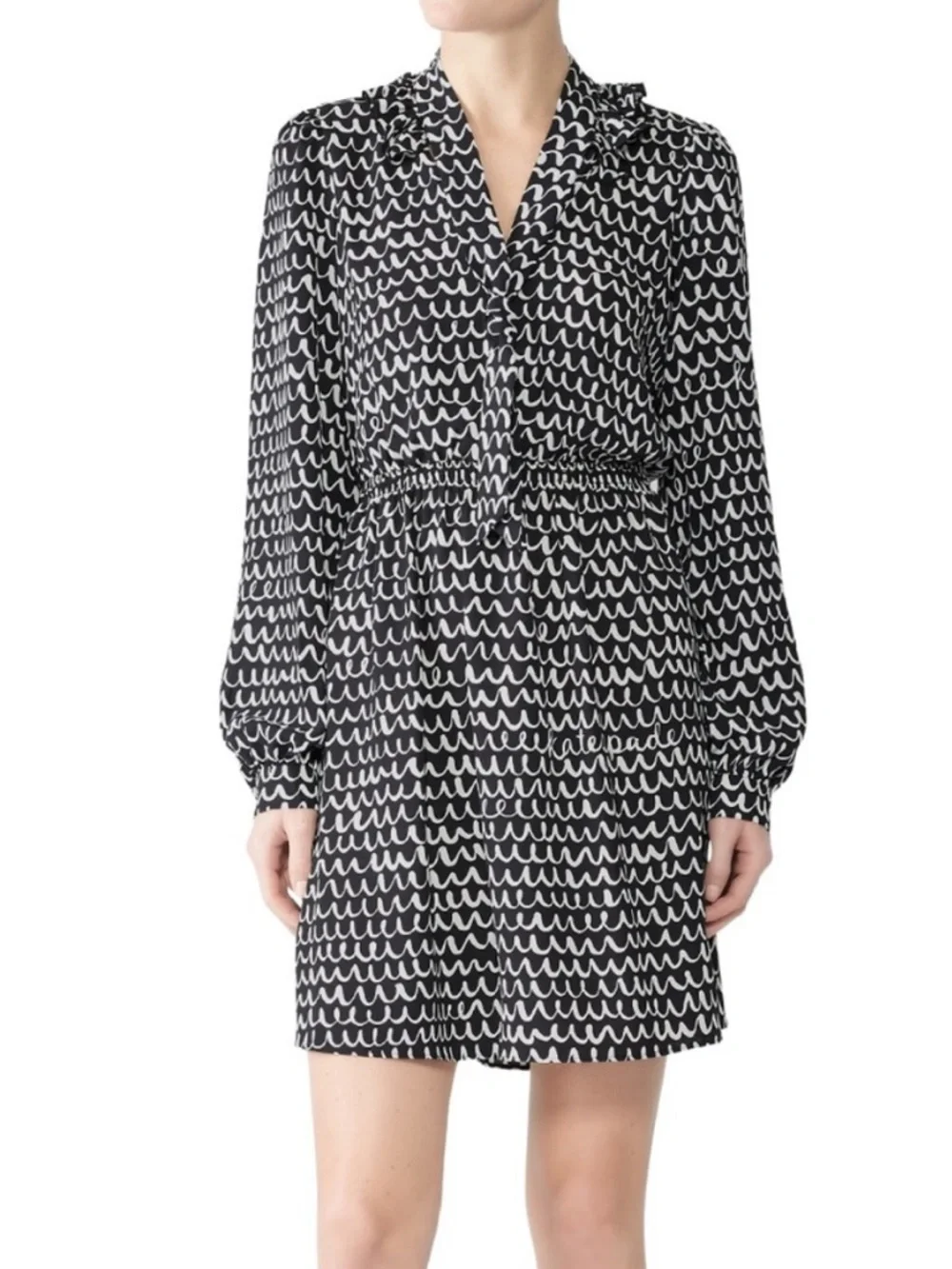 Kate Spade Pop Scallop Crepe Dress Black and White Pattern New Size XS Ruffle